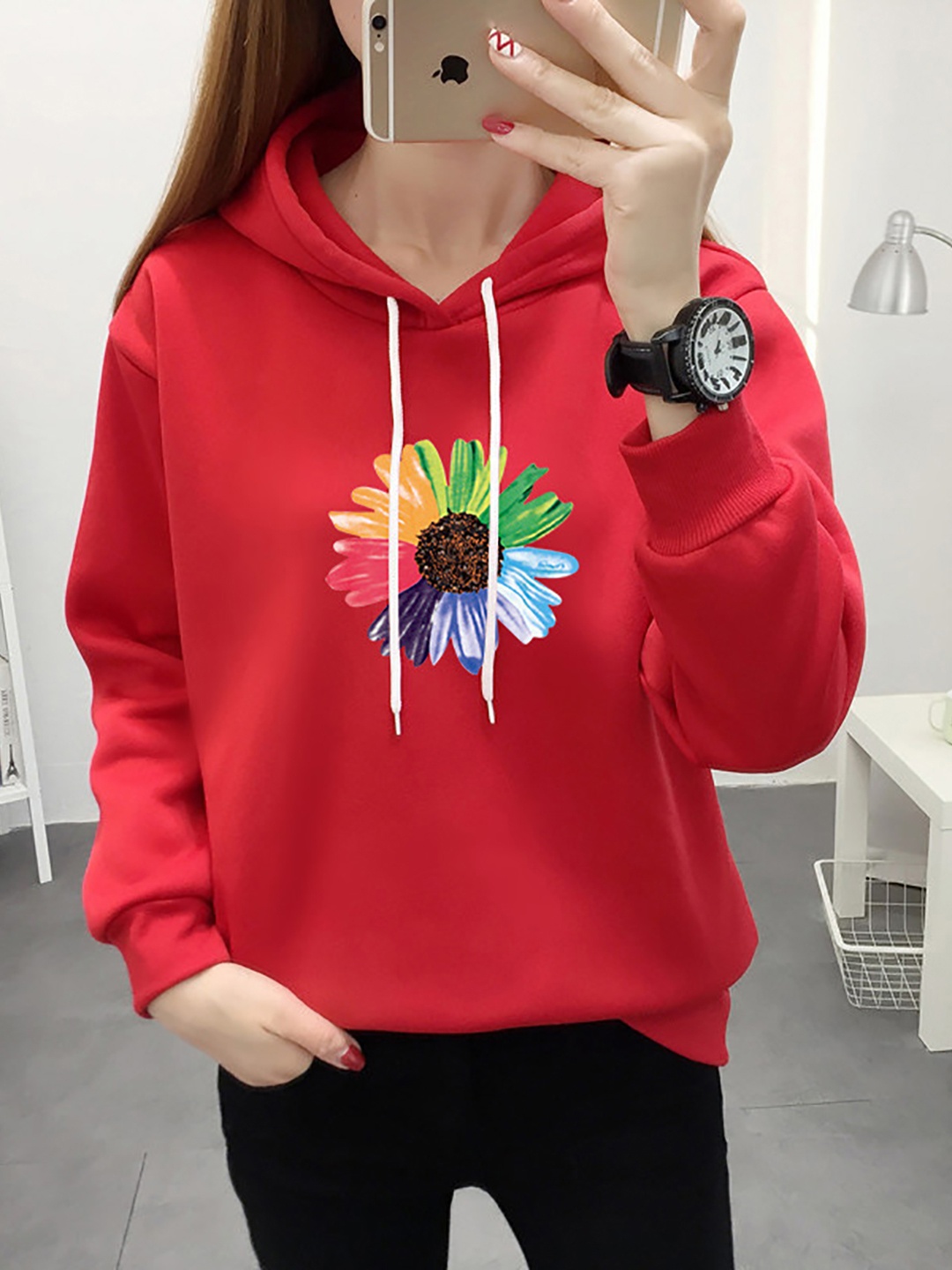 

StyleCast x Revolte Women Floral Printed Hooded Cotton Sweatshirt, Red