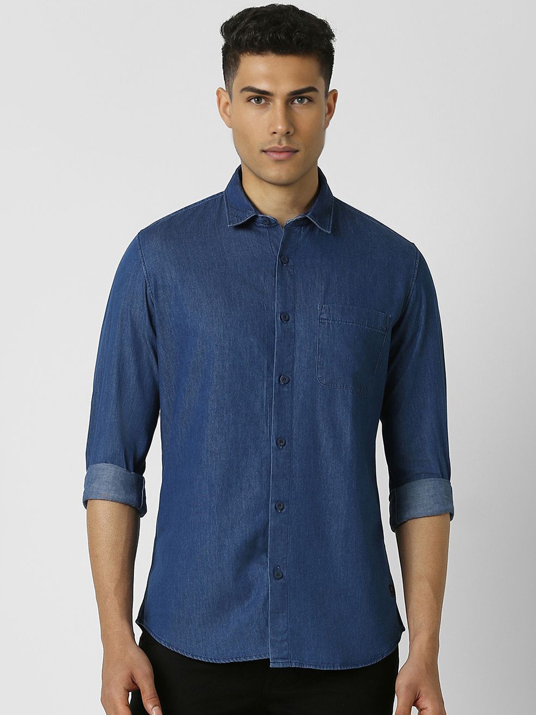 

VAN HEUSEN DENIM LABS Men Spread Collar Solid Cotton Slim Fit Casual Shirt, Blue