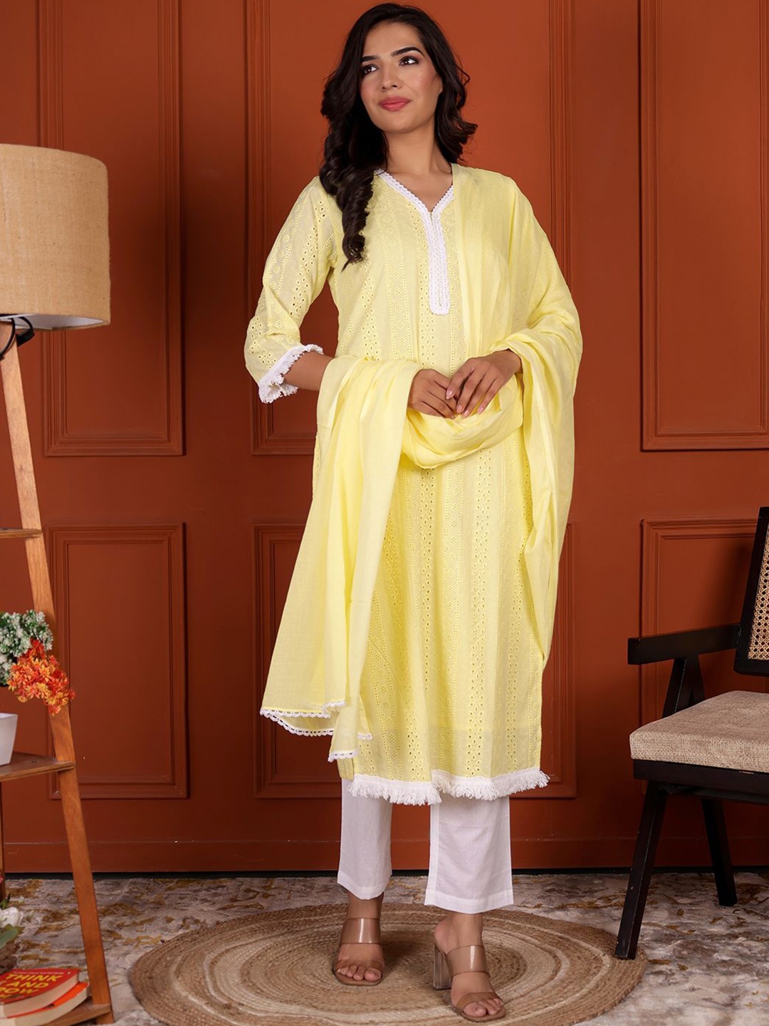 

Coordnord Embroidered Regular Pure Cotton Kurta with Harem Pants, Yellow