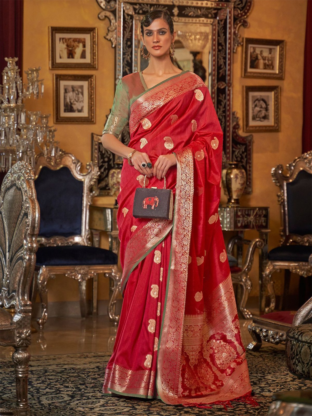 

ODETTE Woven Design Zari Saree, Red