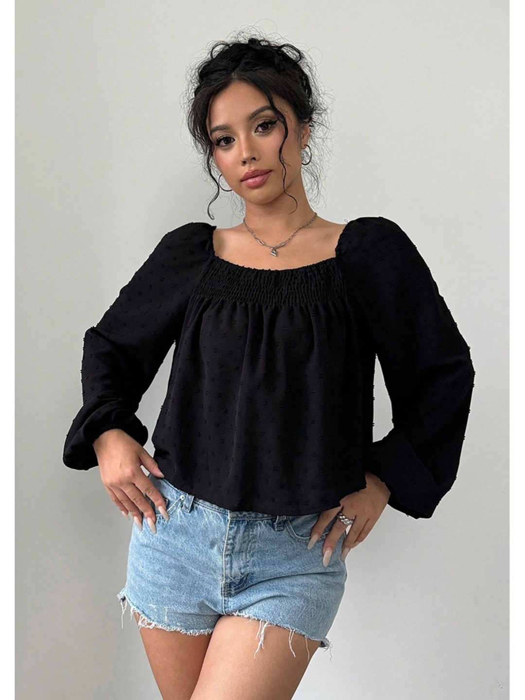 

LULU & SKY Women Solid Square Neck Top, Black