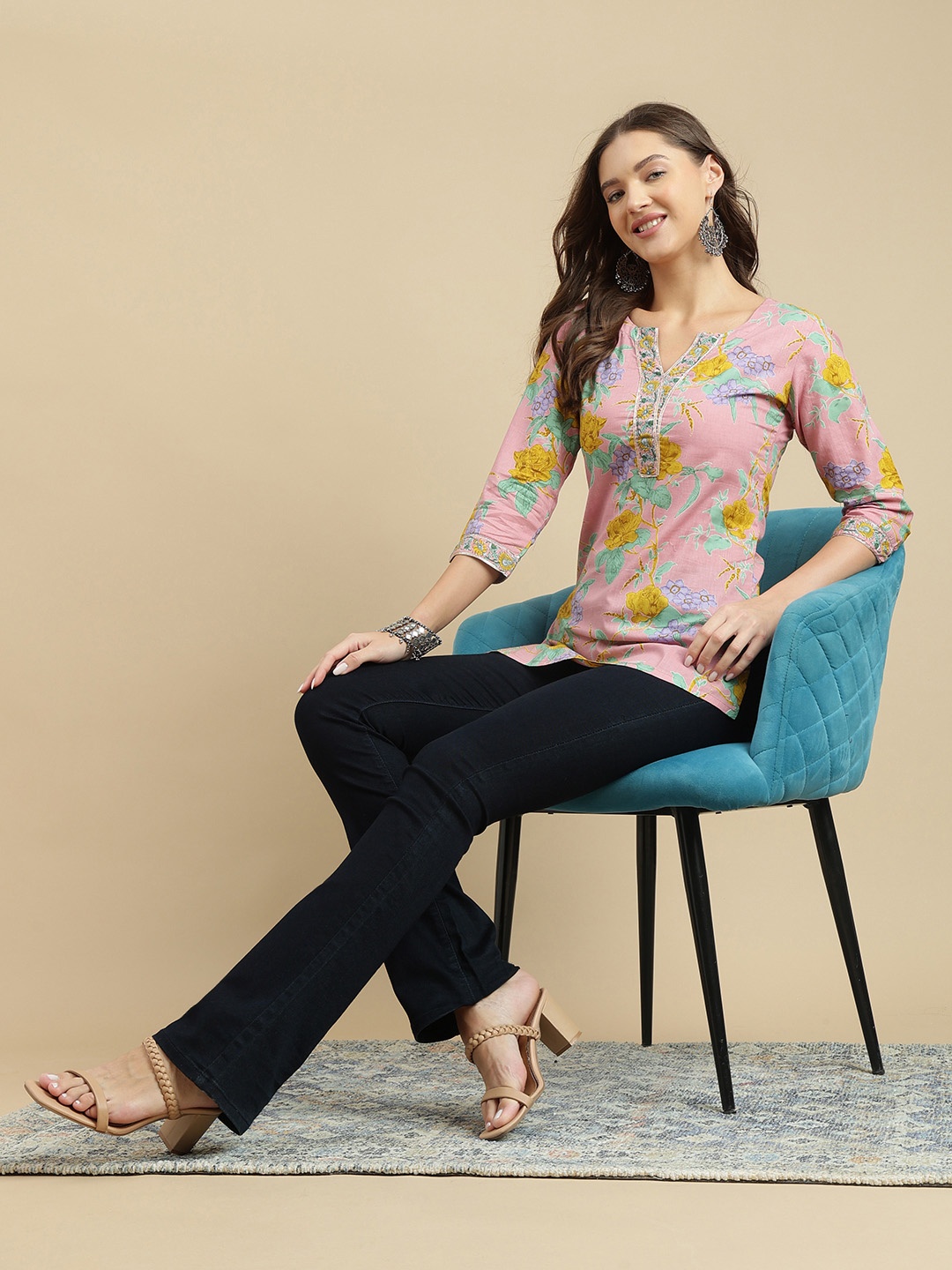 

KALINI Women Floral Printed V-Neck Cotton Top, Pink