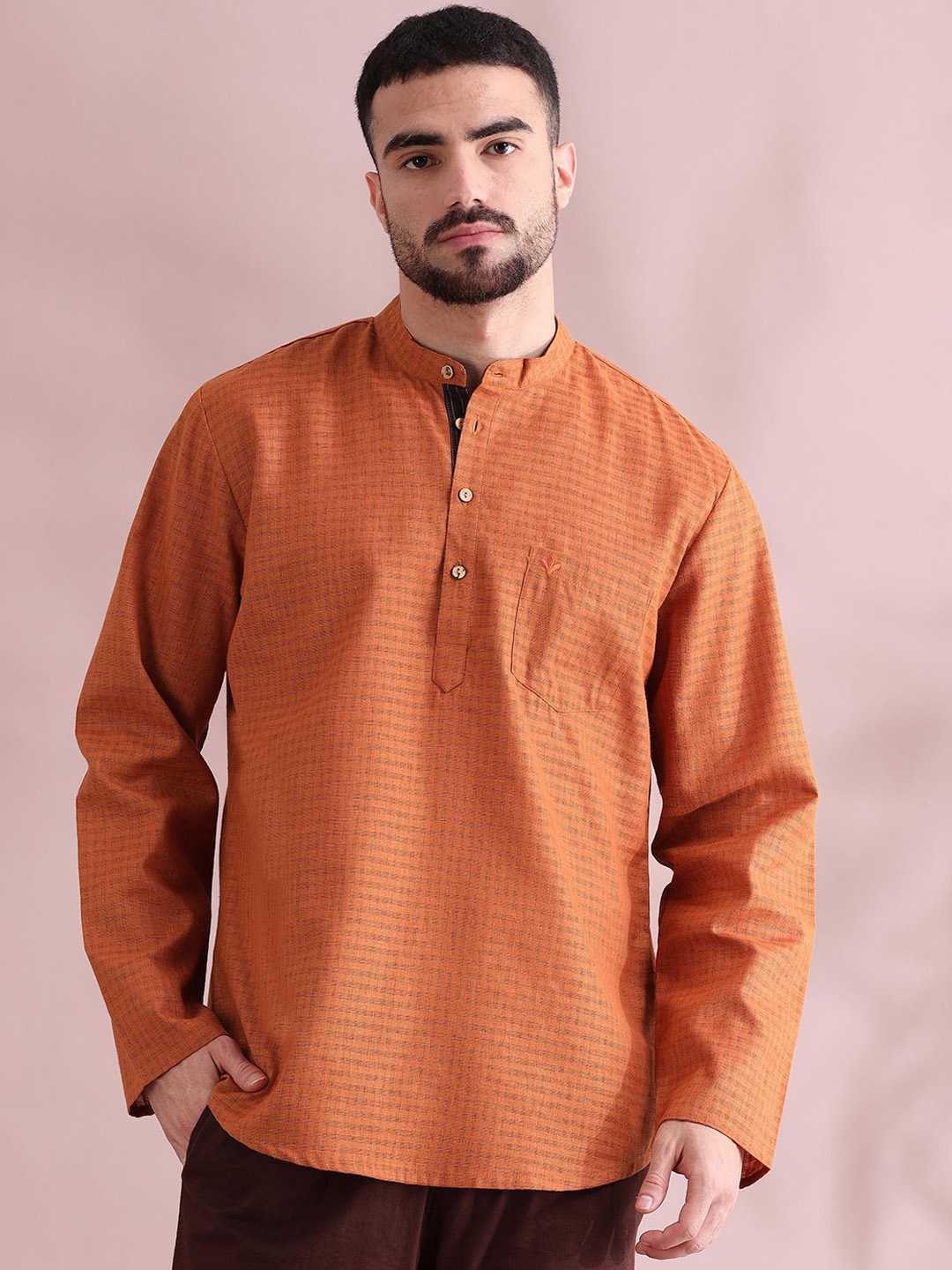 

FILORI Checked Woven Design Mandarin Collar Pure Cotton Short Kurta, Mustard