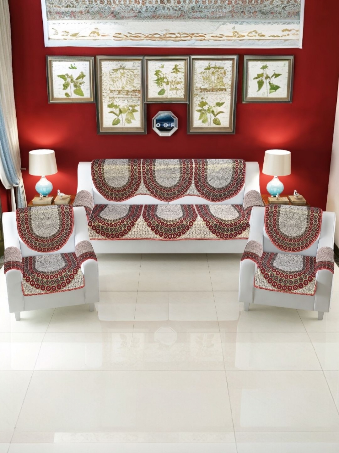 

BIGGER FISH Maroon & White 16 Pieces Floral Printed Cotton Sofa Cover With Arms Covers