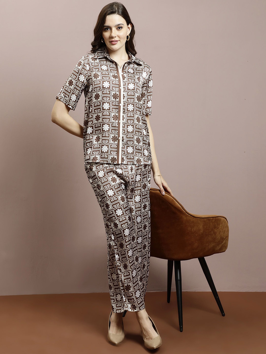 

Athena Printed Shirt With Trouser, Brown