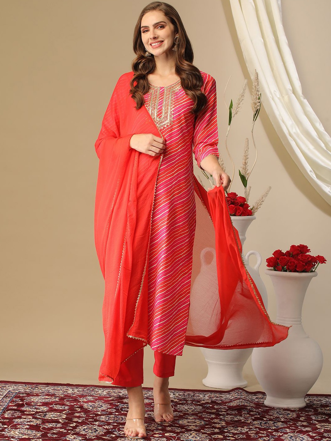 

GoSriKi Leheriya Printed Straight Sequinned Kurta with Trousers & Dupatta, Pink