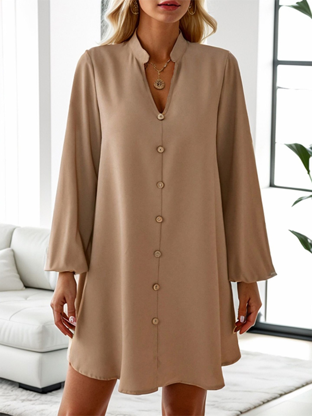 

StyleCast x Revolte Solid Long Sleeves Shirt Mini Dress, Khaki