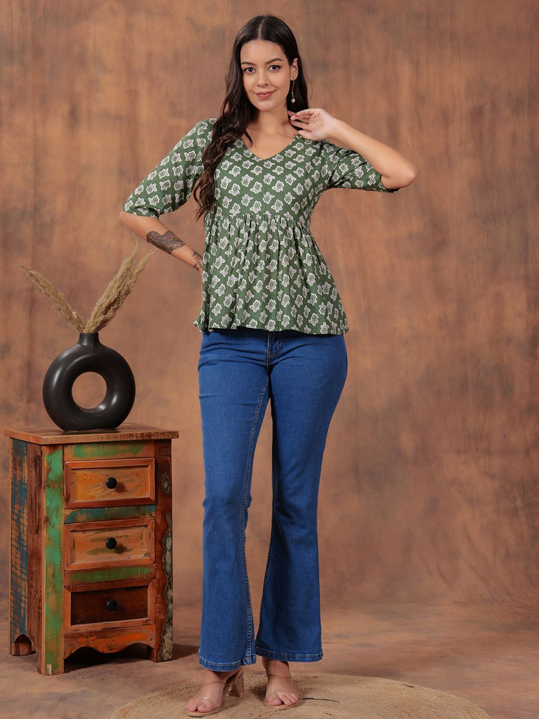 

SHIONS Floral Printed Empire Cotton Top, Green