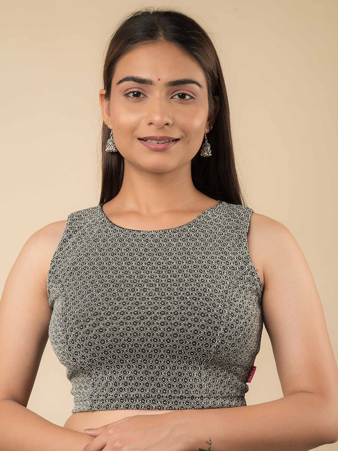

Bindigasm's Advi Women Woven Design Sleeveless Saree Blouse, Silver