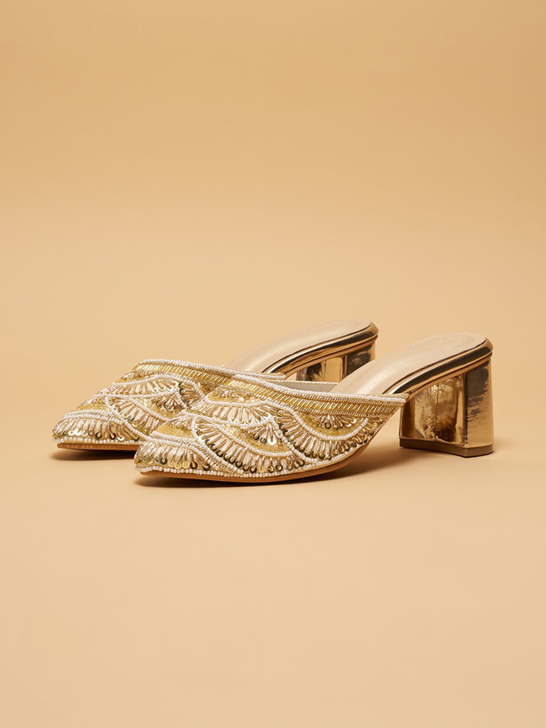 

ERIDANI Synthetic Leather Embellished Ethnic Block Mules, Gold