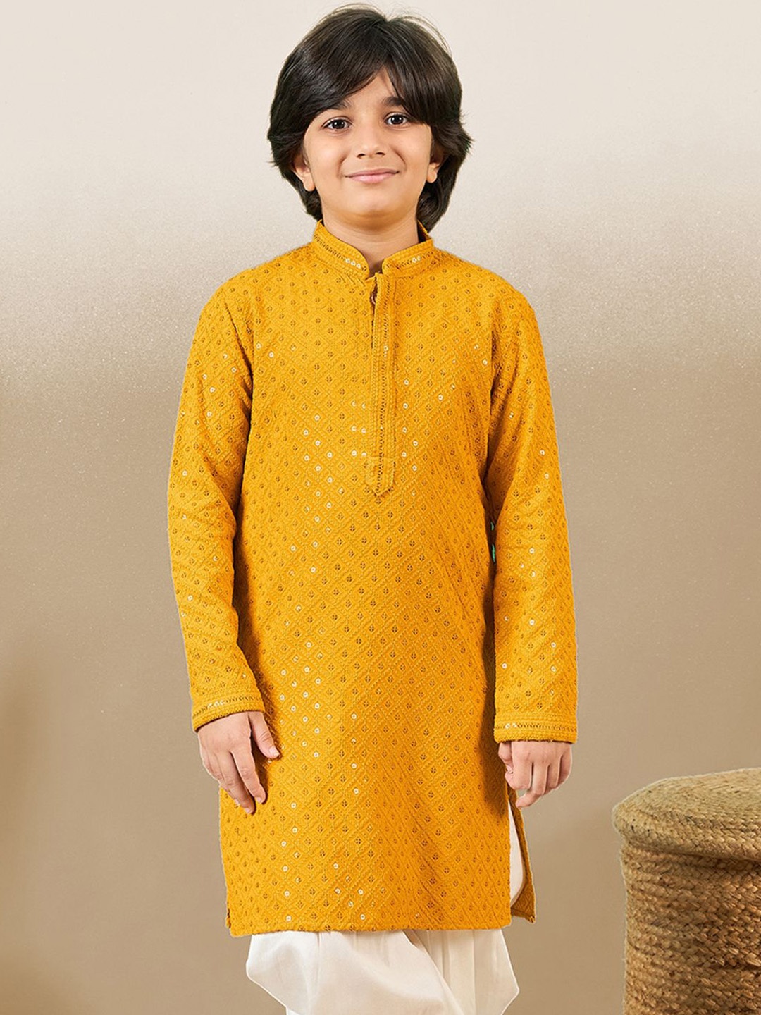 

YK Boys Cotton Sequinned Embroidered Chikankari Kurta, Yellow