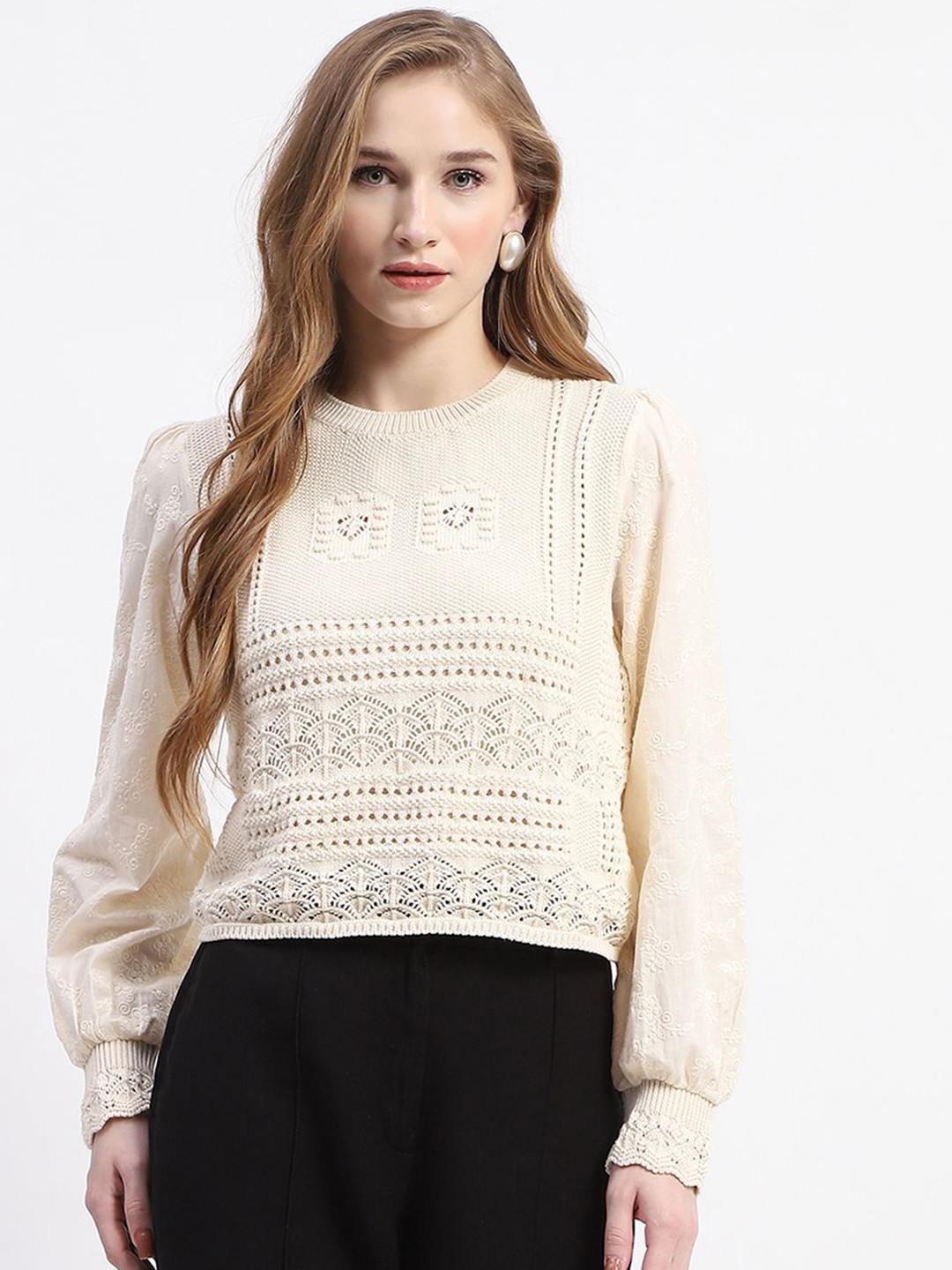 

Madame Women Self Design Round Neck Cotton Top, Beige