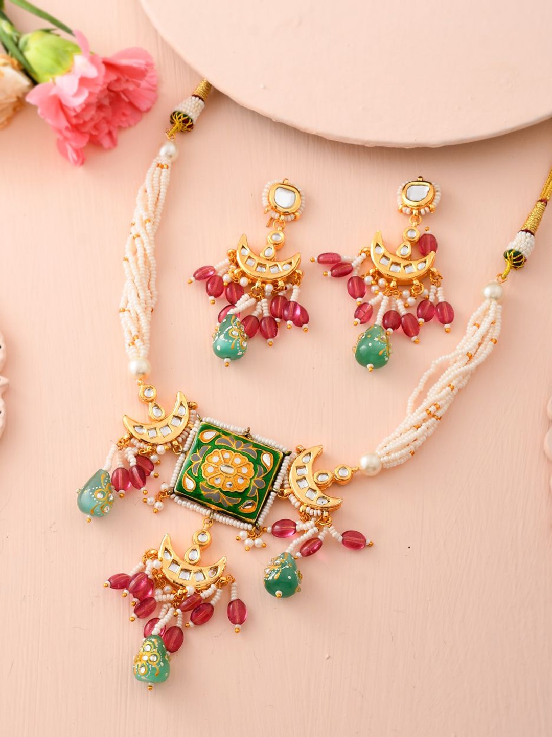 

DASTOOR Gold-Plated Stone-Studded & Beaded Necklace & Earrings