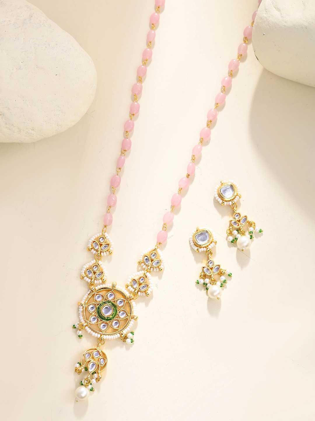 

DASTOOR Gold-Plated Stone-Studded & Beaded Necklace & Earrings