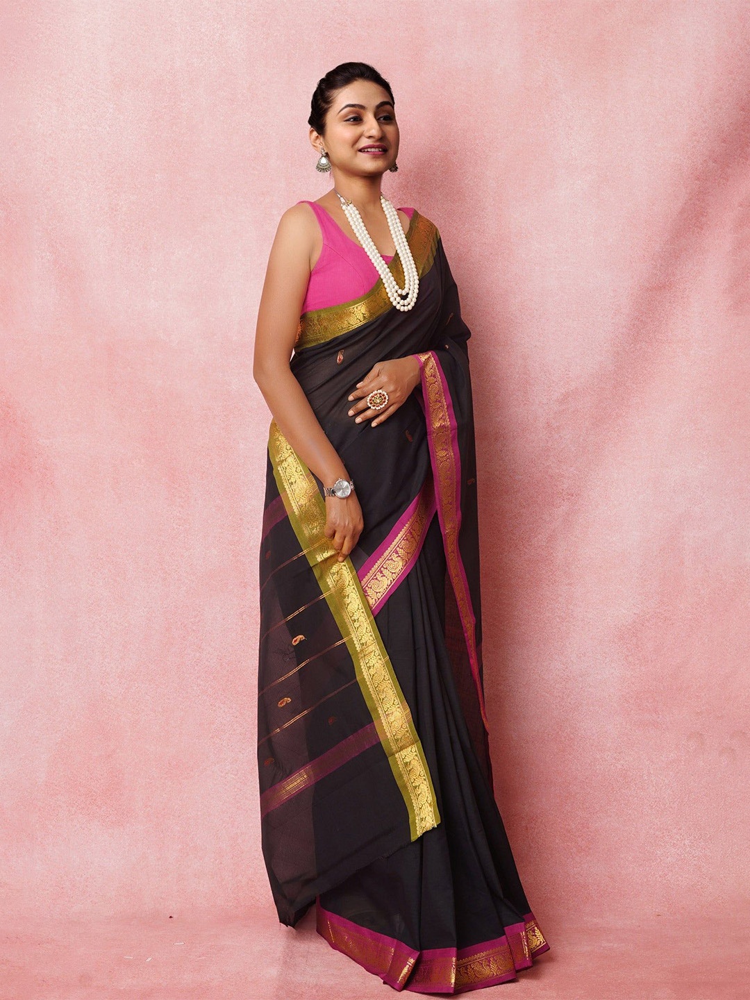 

Unnati Silks Woven Design Zari Pure Cotton Kanjeevaram Saree, Black