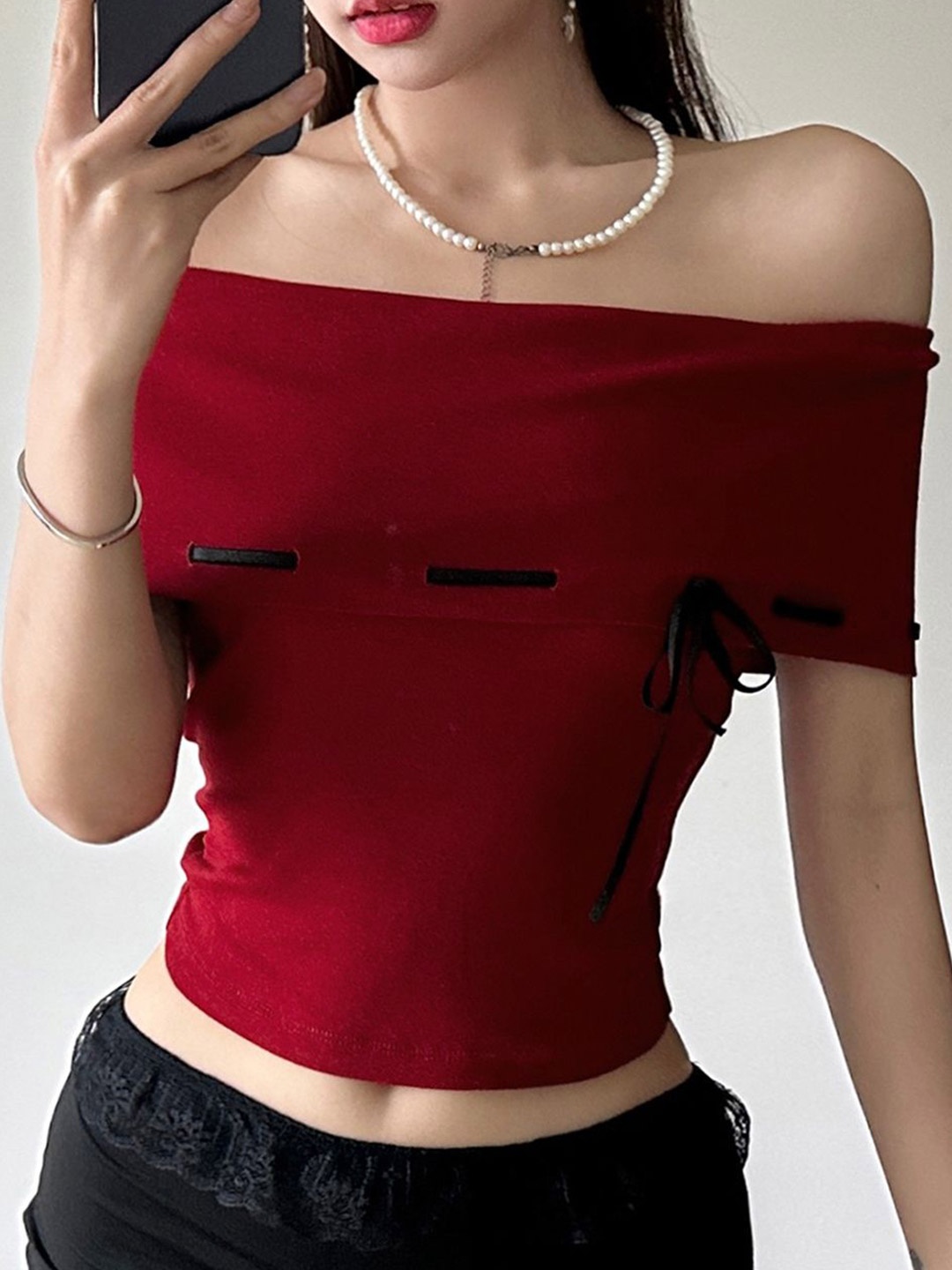 

StyleCast Women Solid Off-Shoulder Cotton Top, Red