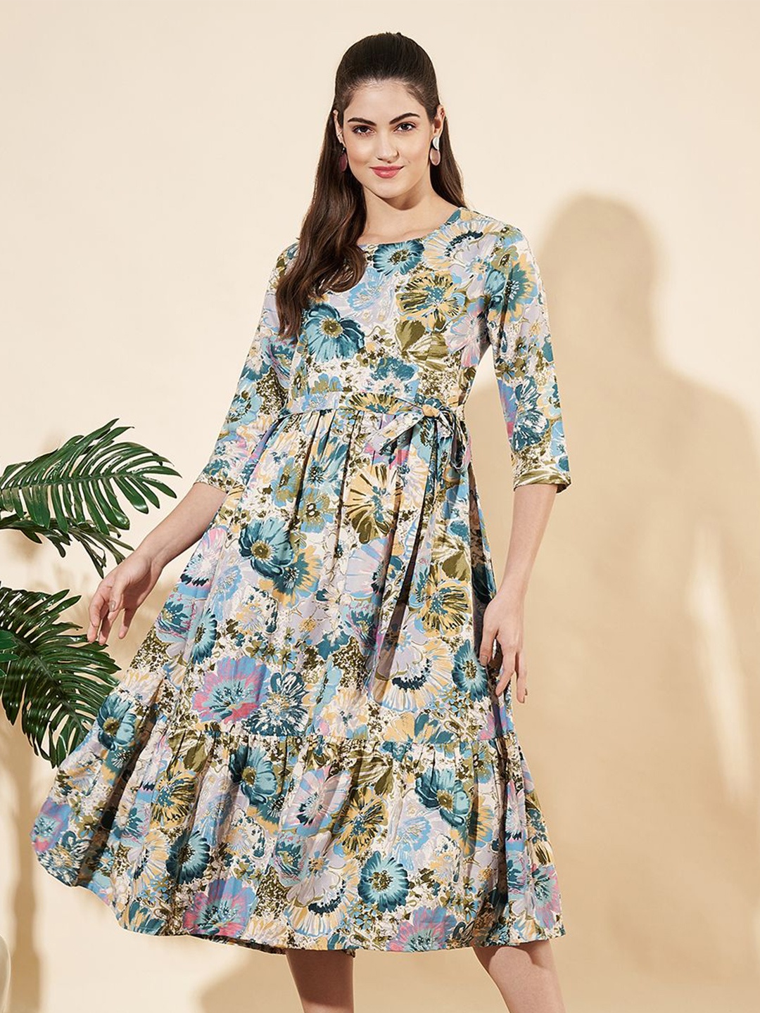 

Fbella Women Floral Printed Fit & Flare Midi Dress With Belt, Blue