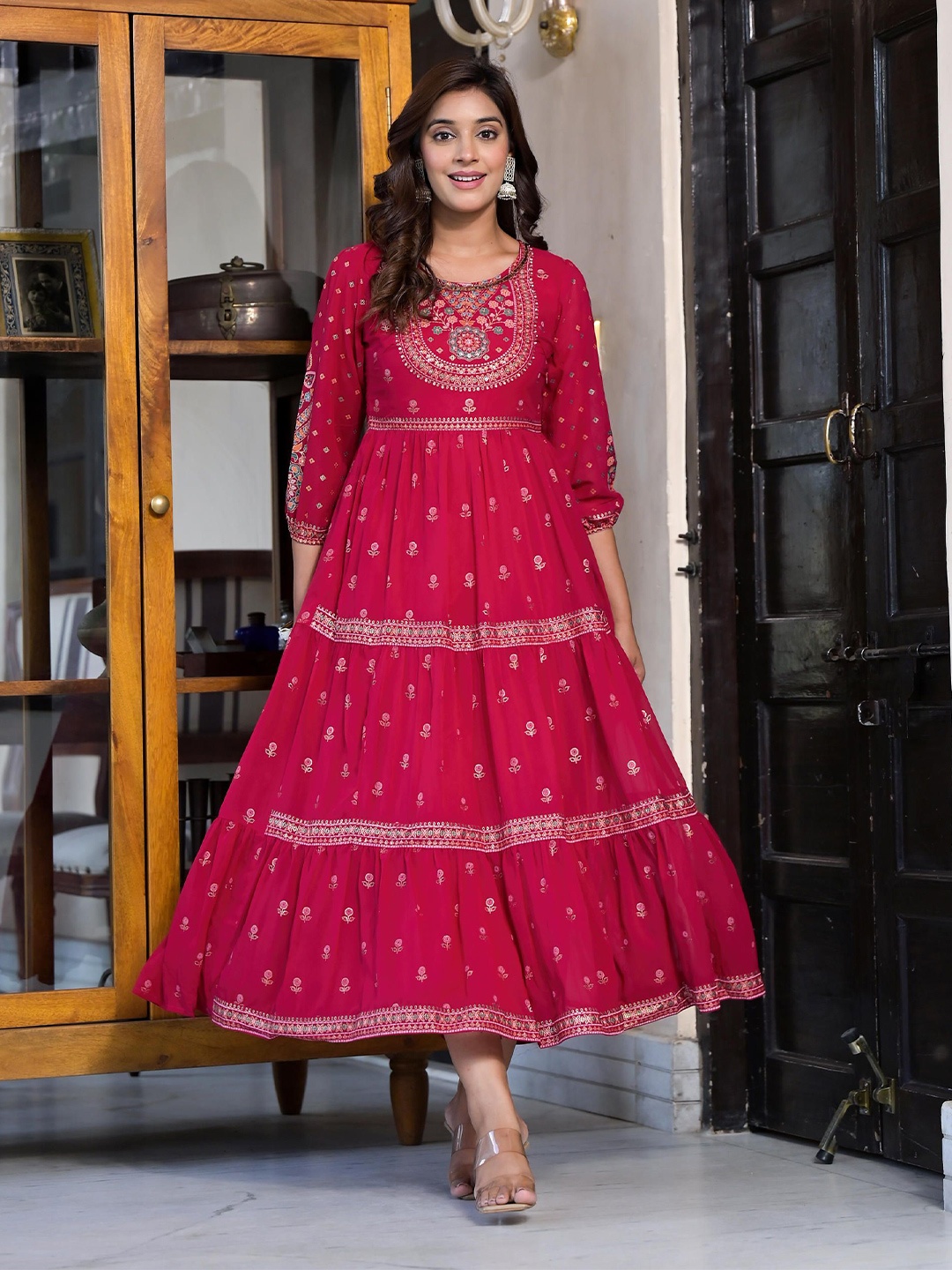

Juniper Women Ethnic Motifs Print Georgette A-Line Maxi Dress, Fuchsia