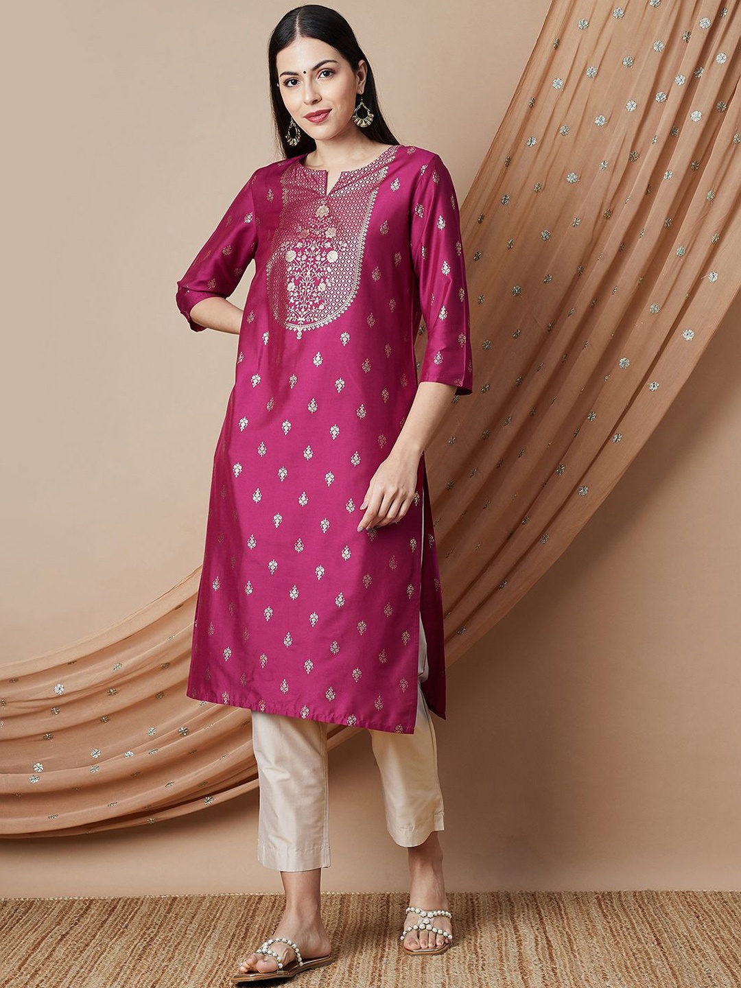 

Melange by Lifestyle Women Embroidered Flared Sleeves Kurta, Pink