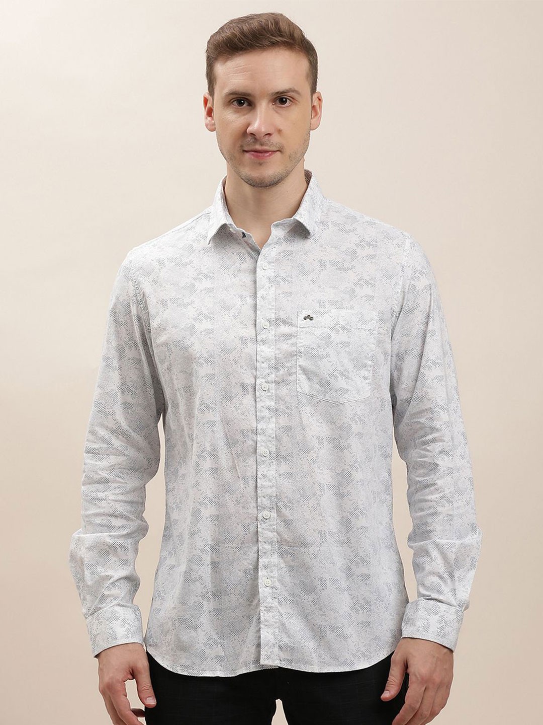 

Turtle Men Relaxed Spread Collar Abstract Printed Cotton Slim Fit Casual Shirt, Grey