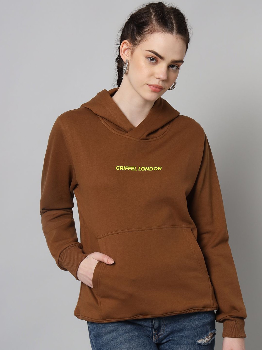 

GRIFFEL Women Typography Printed Hooded Sweatshirt, Coffee brown