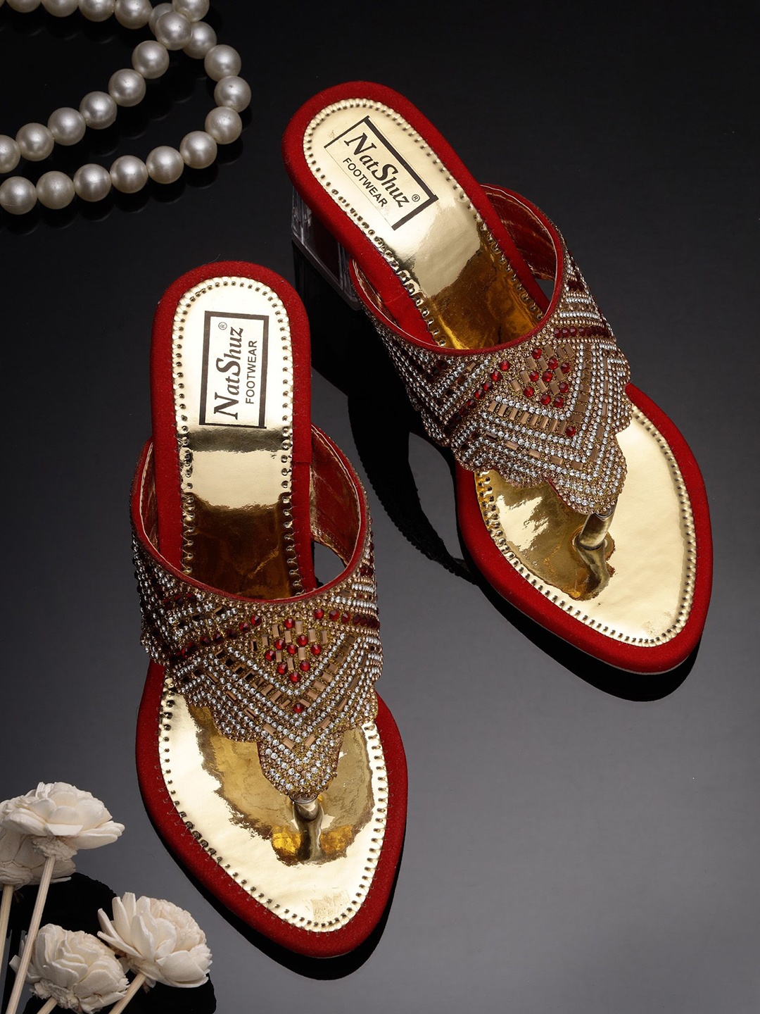 

NATSHUZ Embellished Velvet Party Women Block Sandals, Red
