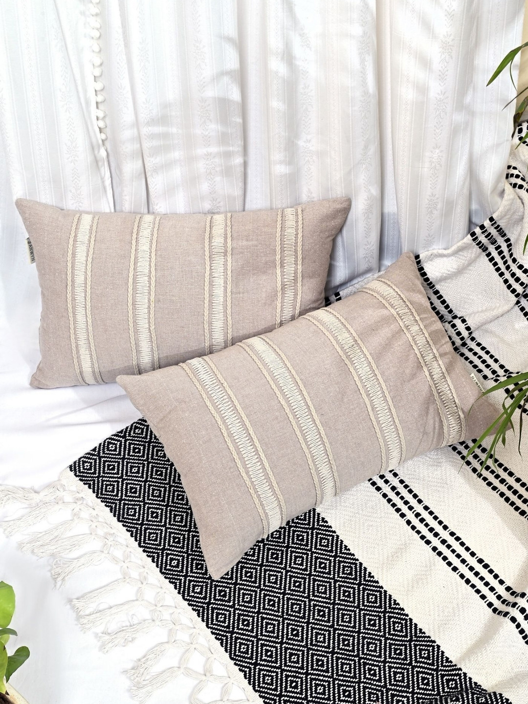 

ANWYN Beige & Off White 2 Pieces Cotton Striped Rectangle Cushion Covers