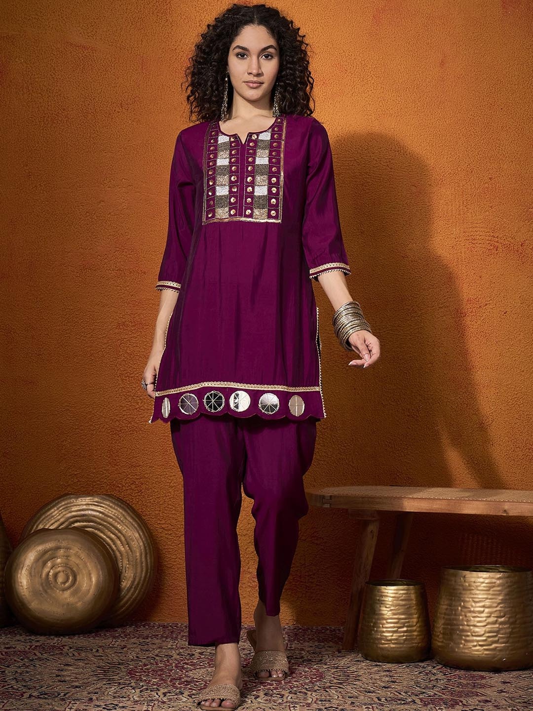 

Sangria Women Embroidered Embellished Tunic With Trouser Co-Ords Set, Burgundy