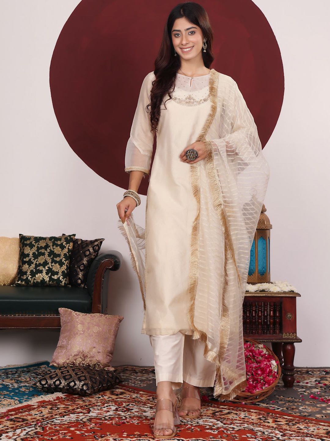 

Varanga Floral Yoke Design Sequinned Keyhole Neck Straight Kurta With Trouser & Dupatta, Off white