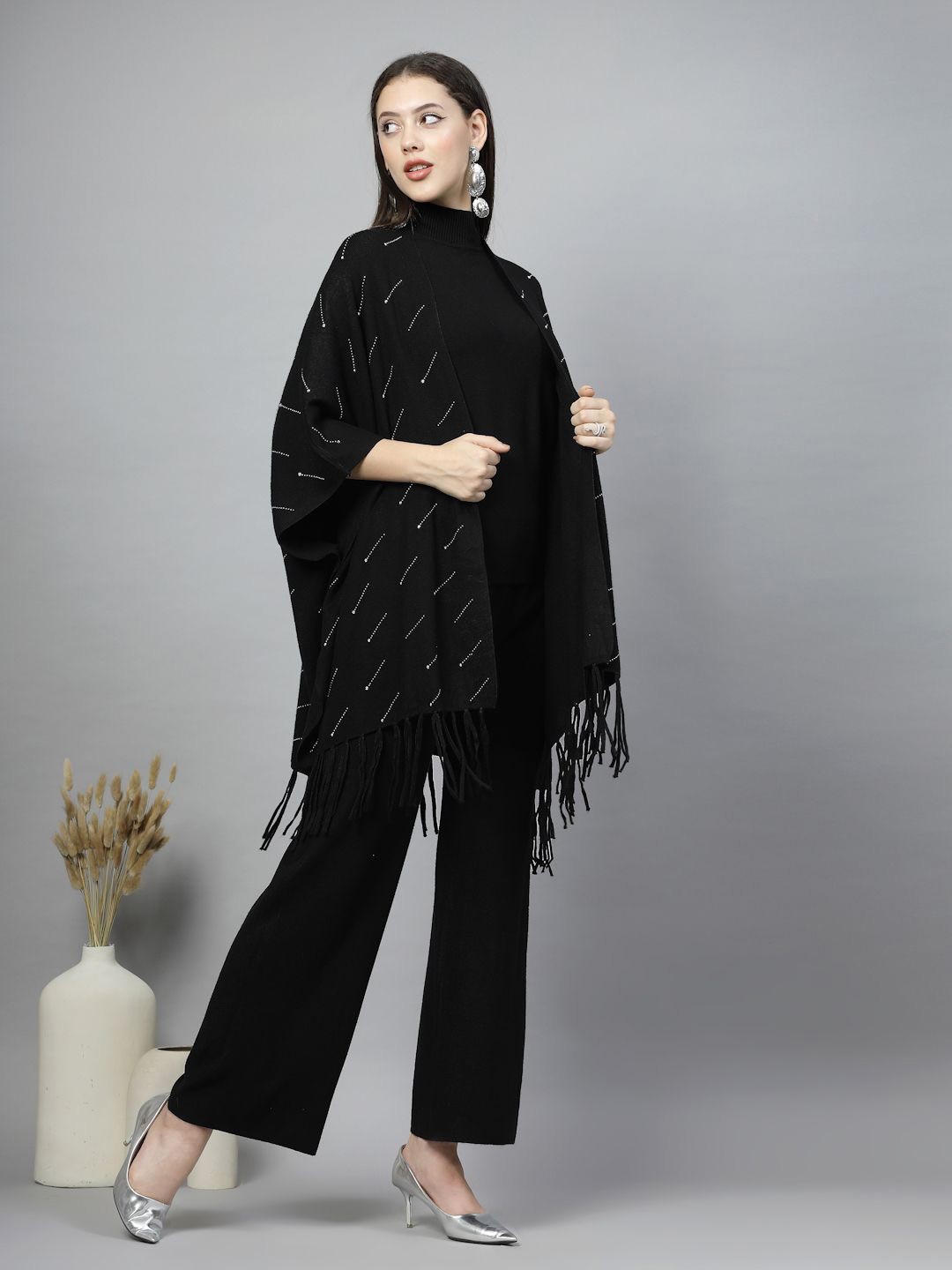 

Mafadeny Mock Neck Top With Shrug With Trousers, Black