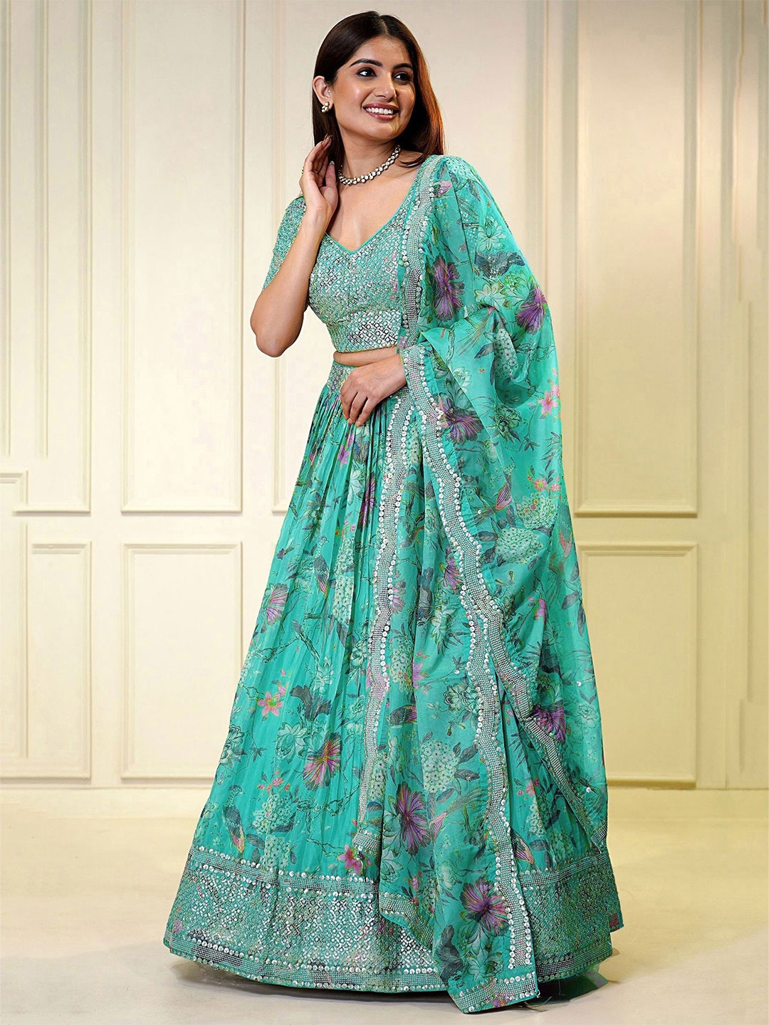 

FABPIXEL Embroidered Organza Semi-Stitched Lehenga & Unstitched Blouse With Dupatta, Blue