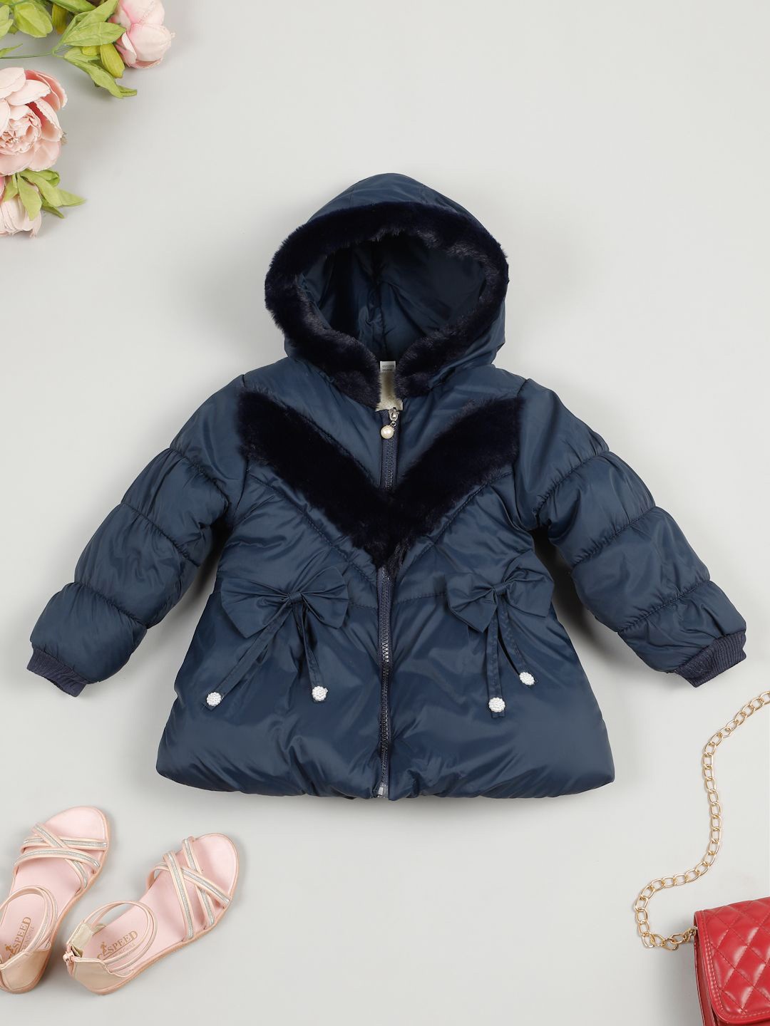 

LITTLE GINNIE Girls Hooded Quilted Jacket, Navy blue