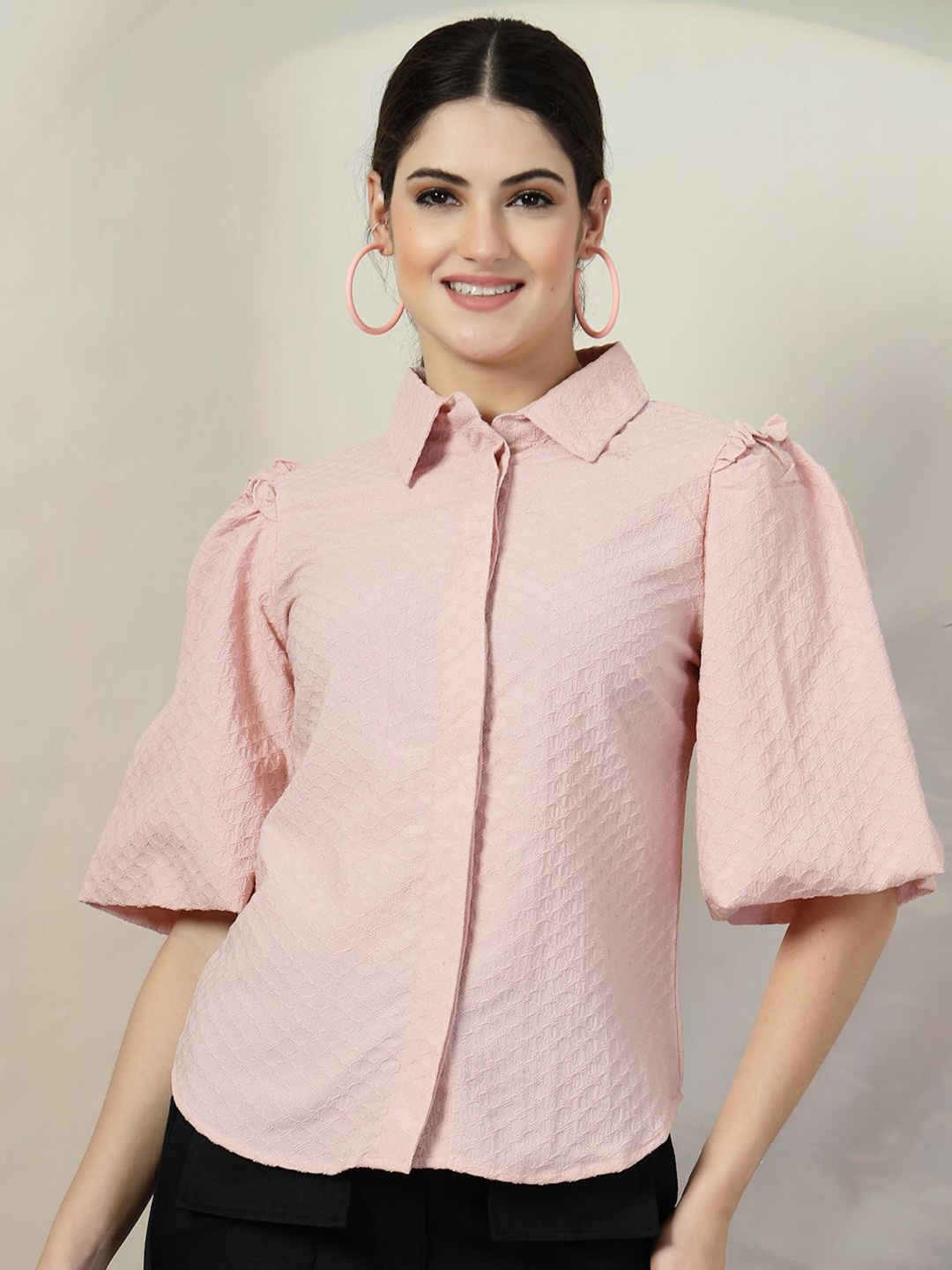 

plusS Women Solid Shirt Collar Top, Pink