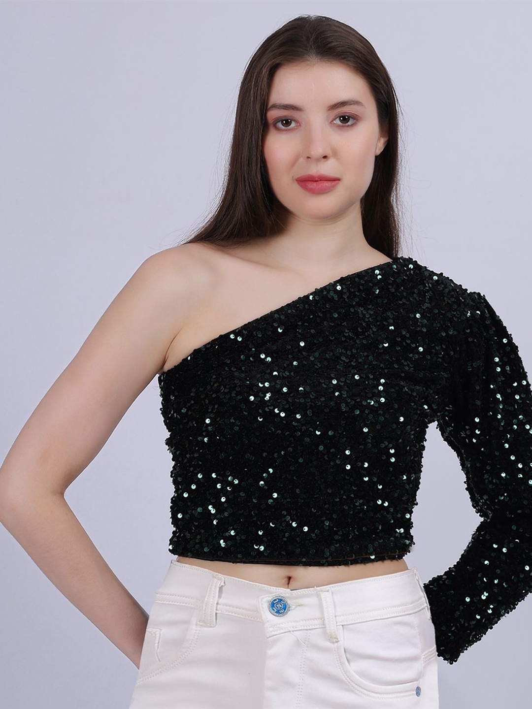 

Aumbe Embellished One Shoulder Crop Top, Green