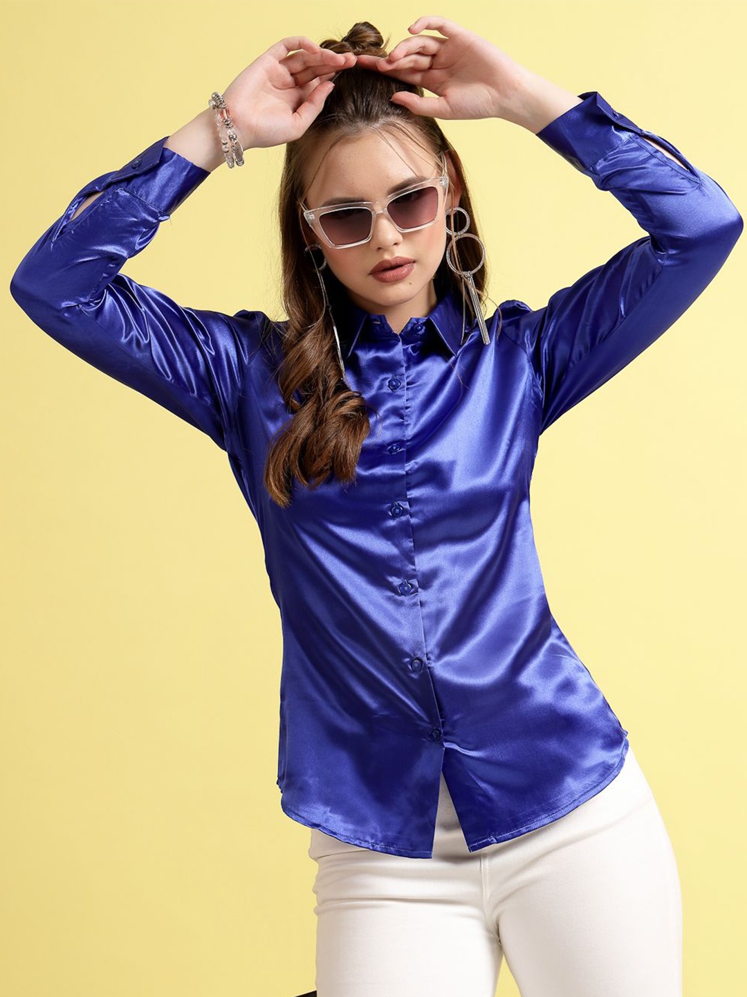 

BEING NAUGHTY Women Comfort Spread Collar Solid Party Shirt, Blue