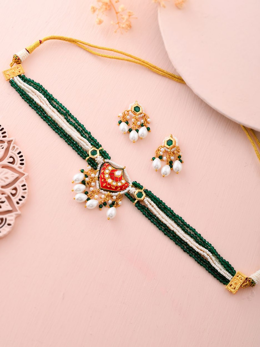 

DASTOOR Gold Plated Stone Studded & Beaded Jewellery Set