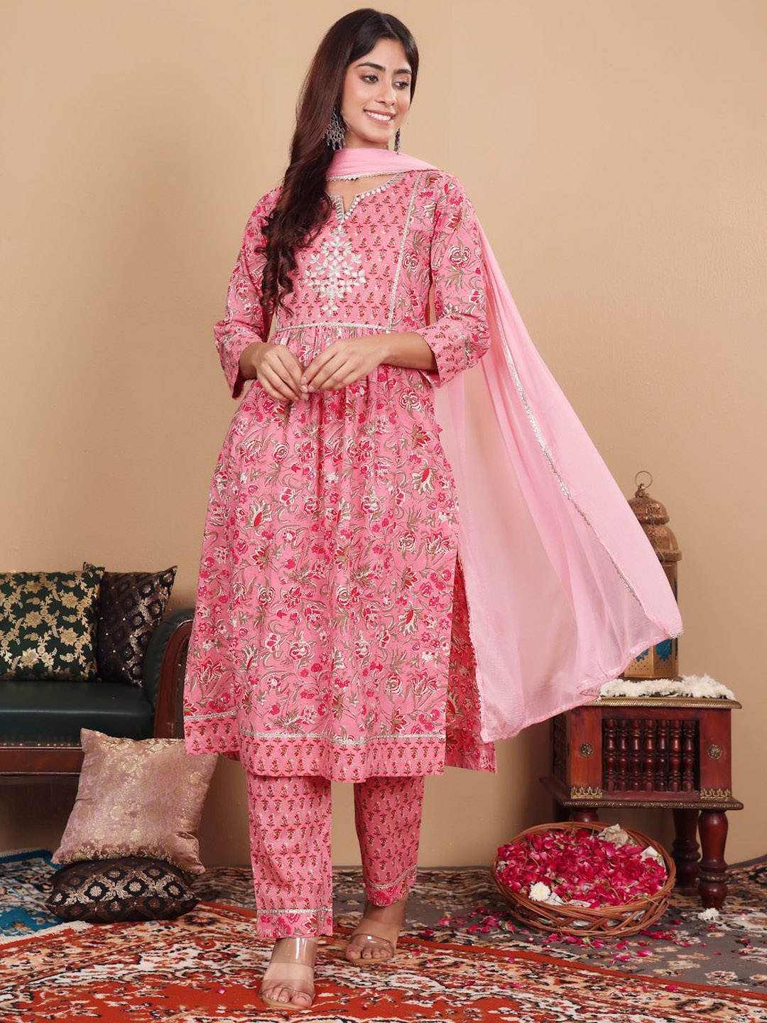 

Varanga Floral Printed Zari Embroidered Pure Cotton A-line Kurta With Trousers & Dupatta, Pink