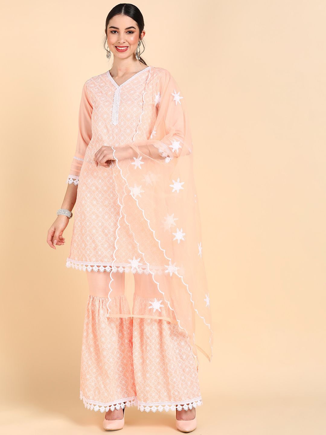 

KALINI Ethnic Motifs Embroidered Thread Work Kurti With Sharara & Dupatta, Peach