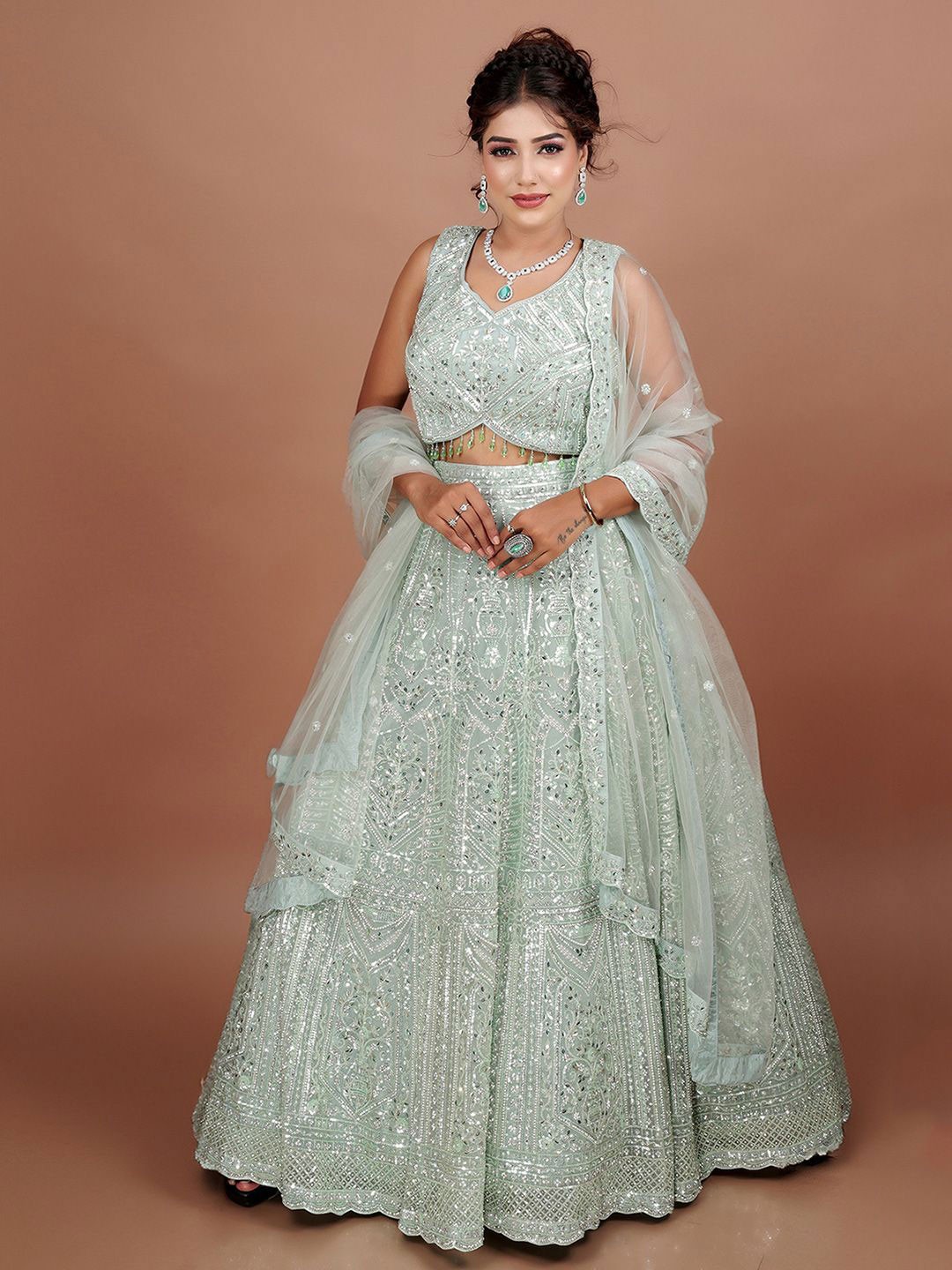 

ROOPKALA Embroidered Sequinned Ready to Wear Lehenga & Blouse With Dupatta, Sea green