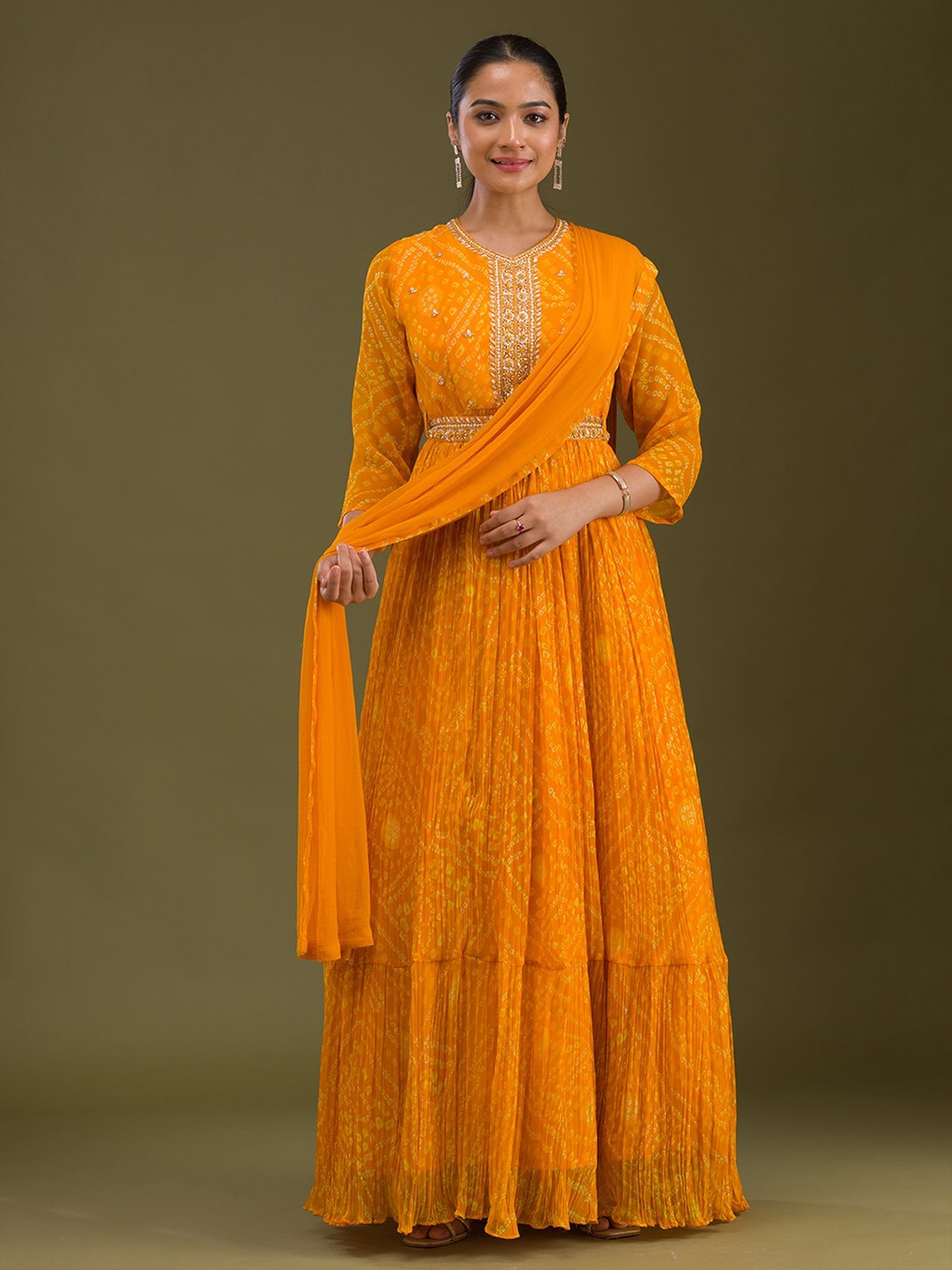 

Koskii Bandhani Embroidered Zari Georgette Anarkali Kurta with Churidar & Dupatta, Yellow