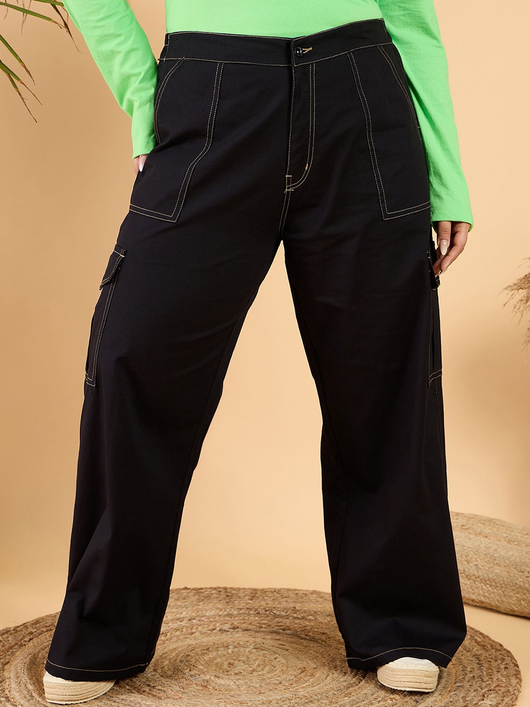 

CURVY STREET Women Plus Size Loose Fit Trousers, Black