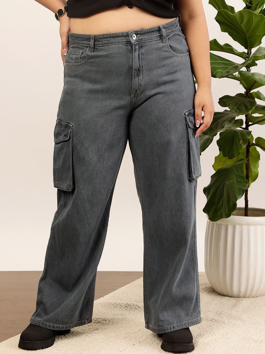 

CURVY STREET Women Plus Size Clean Look Wide Leg Denim Jeans, Grey