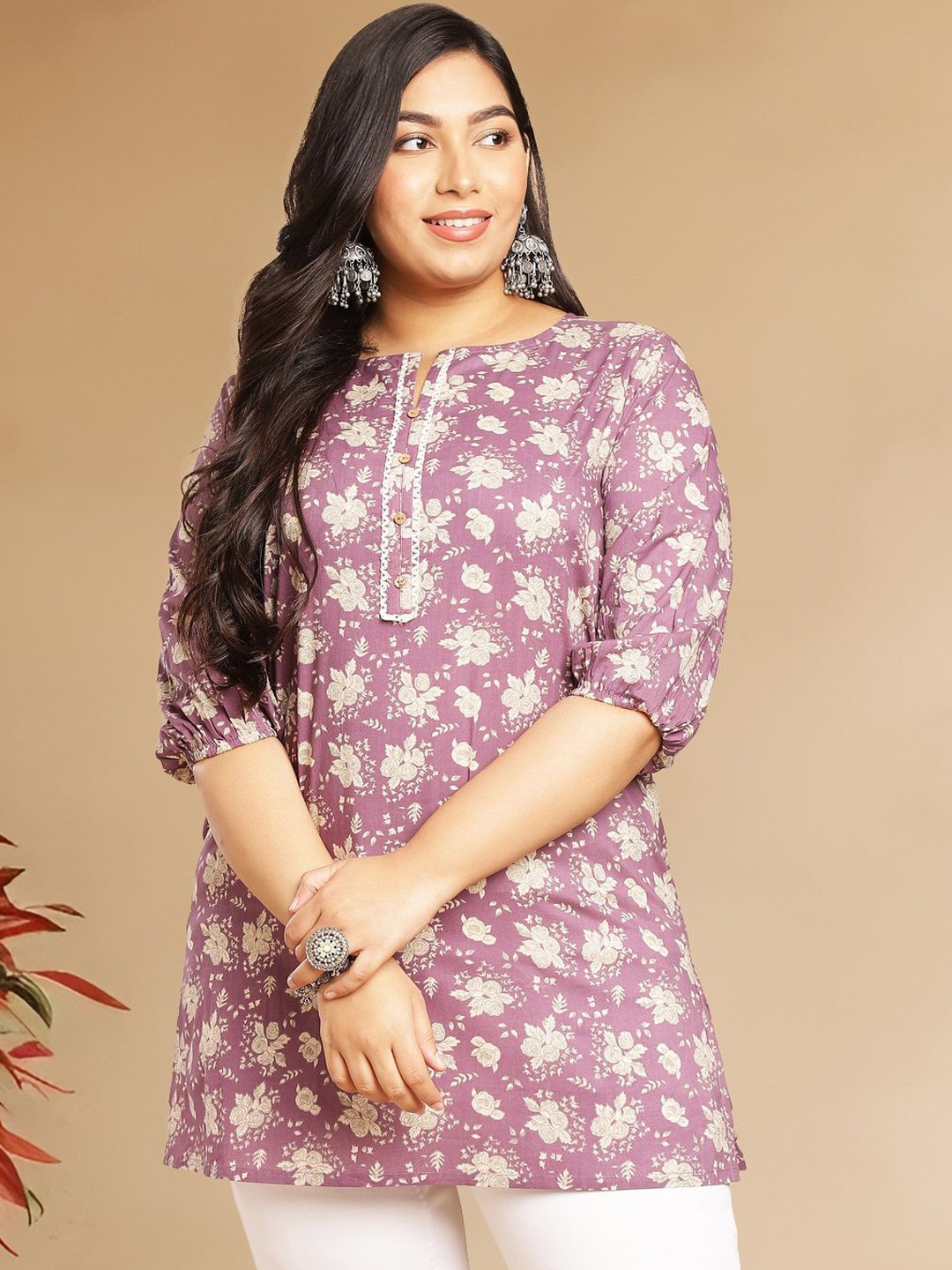 

CUSTARD Plus Size Floral Printed Cotton Tunic, Purple