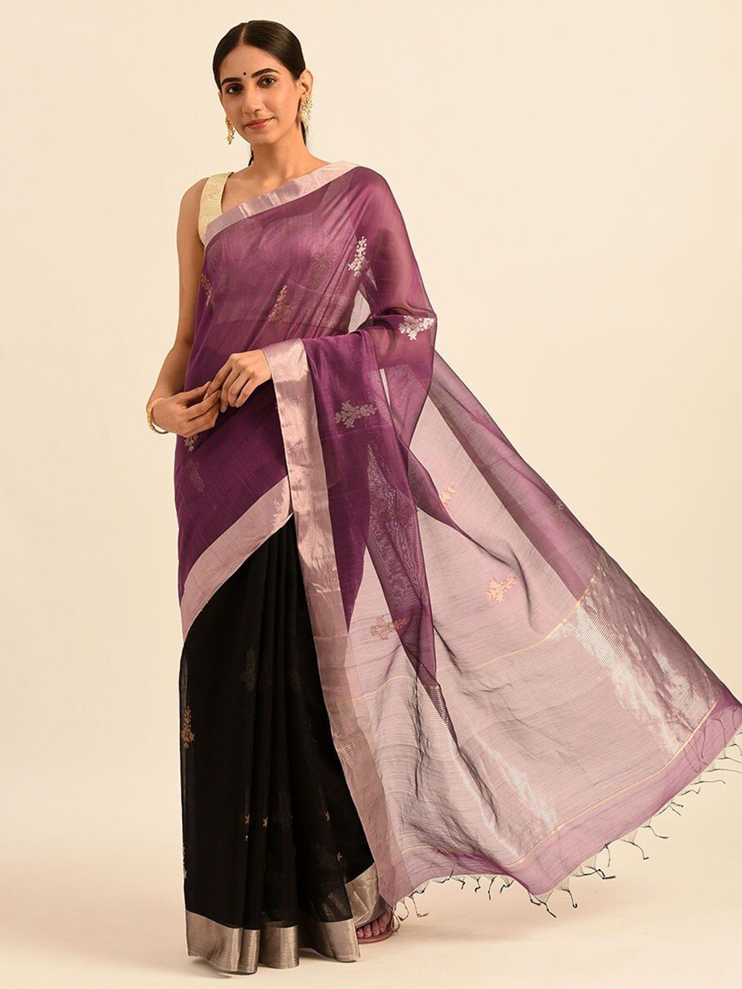 

JAYPORE Woven Design Zari Chanderi Saree, Burgundy
