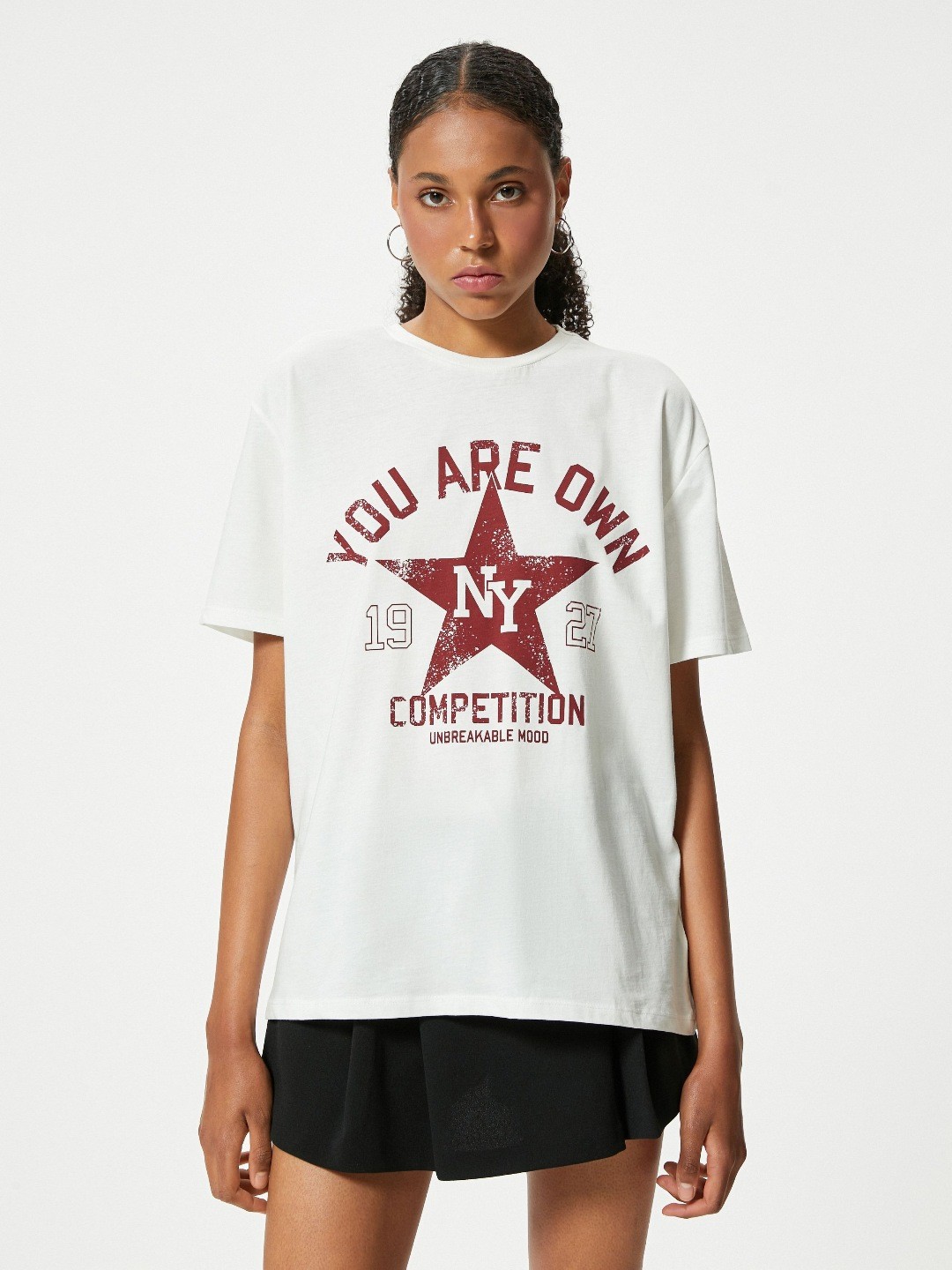 

Koton Women Graphic Printed Oversized Longline Cotton T-shirt, White