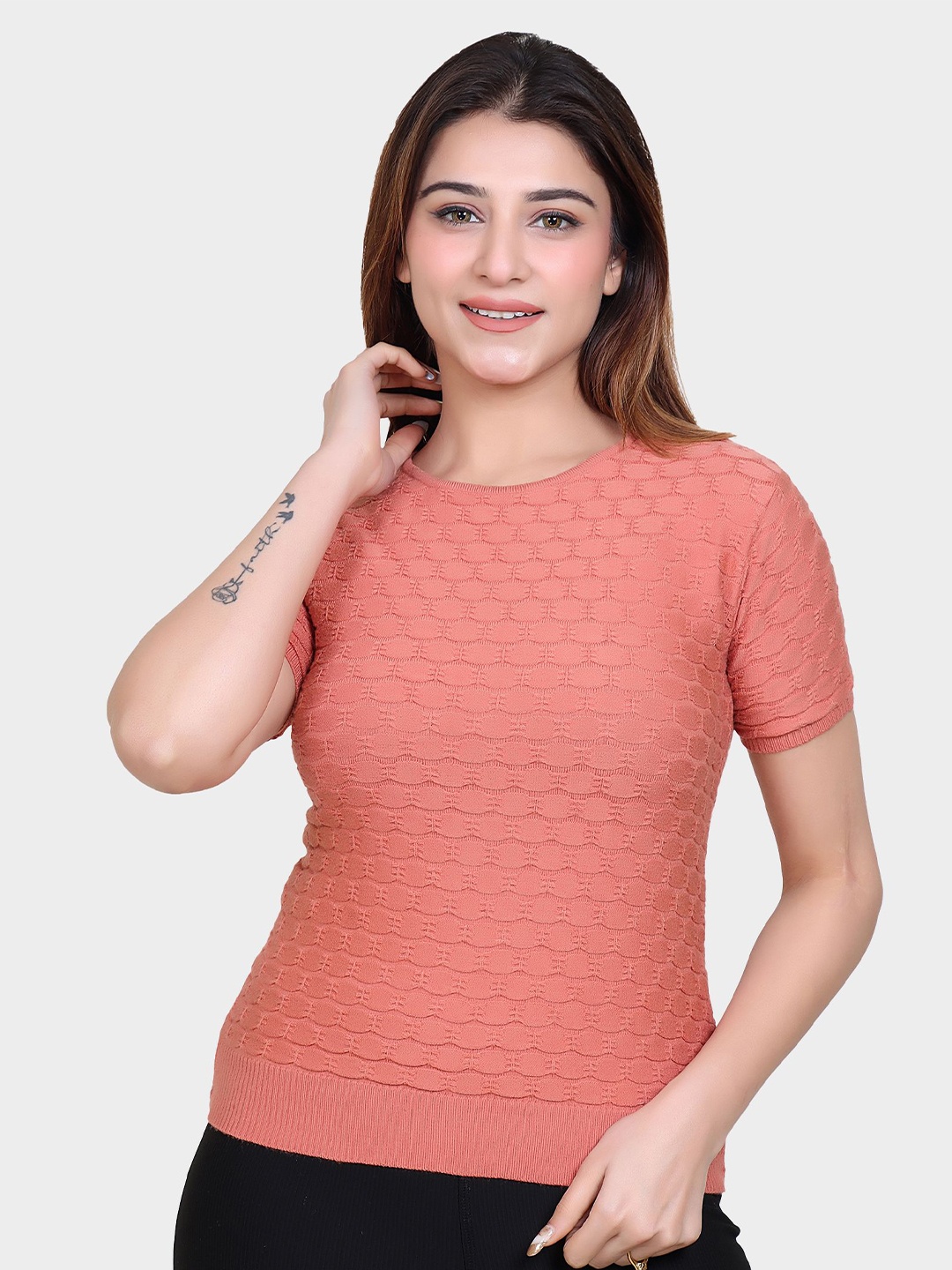 

LEZA Women Self Design Round Neck Cotton Top, Peach