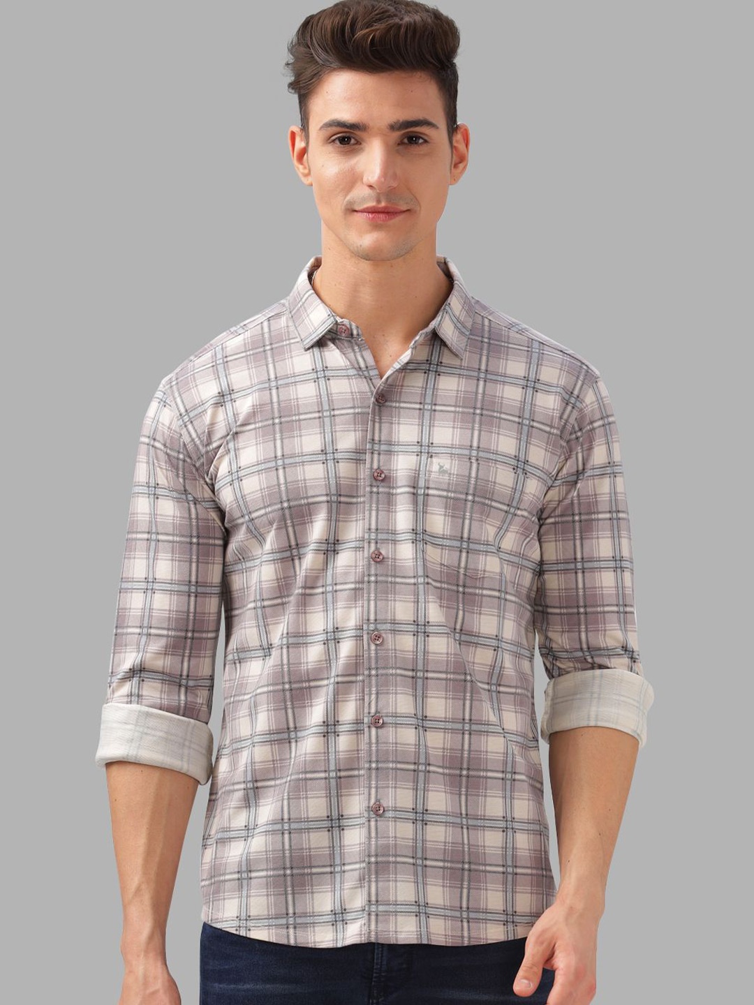 

BULLMER Men Spread Collar Checked Cotton Casual Shirt, Purple
