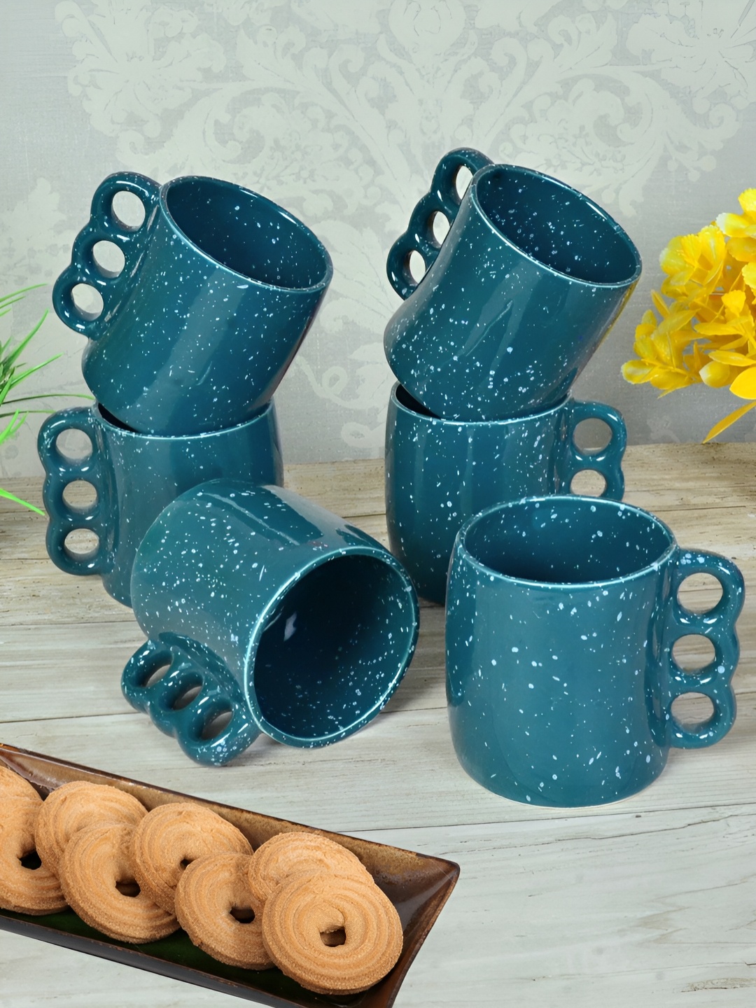 

FABINALIV Blue 6 Pieces Ceramic Glossy Mugs 350 ml