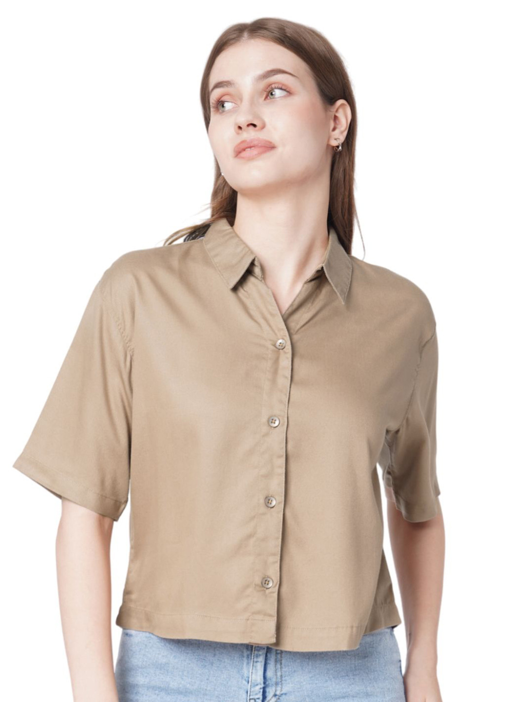 

Kraus Jeans Women Spread Collar Solid Cotton Slim Fit Casual Shirt, Brown