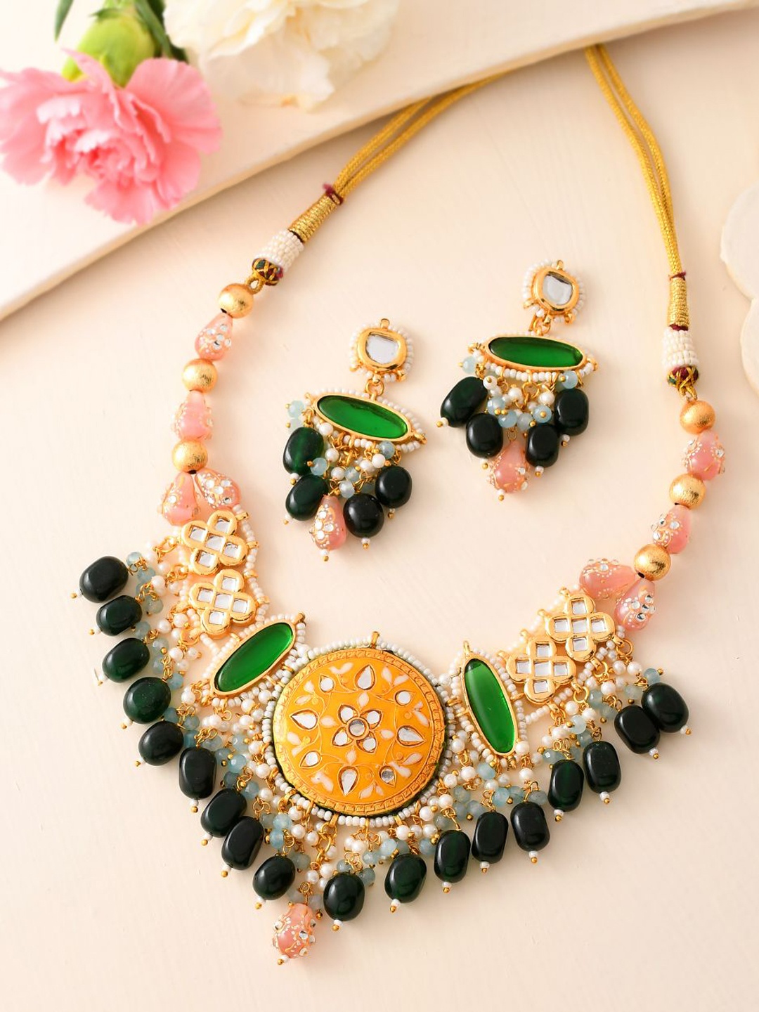 

DASTOOR Gold-Plated Stone-Studded & Beaded Necklace & Earrings